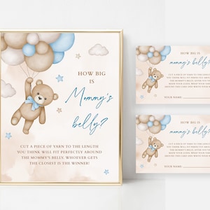 Blue Bear Baby Shower ¿Qué tan grande es el vientre de mamá? Juego Blue Baby Sprinkle Game Letrero y boletos imprimibles