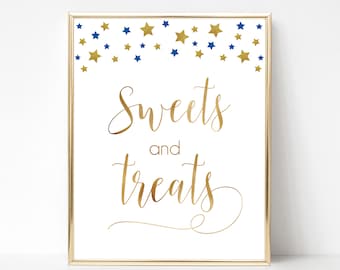 Sweets and Treats, Printable Blue and Gold Candy Bar, Baby Shower Sweet Bar Sign, Dessert Sign, Baby Shower Candy Table, Blue Gold Stars