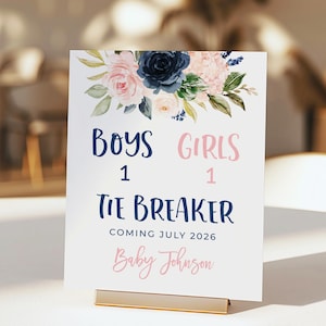 Tie Breaker Schwangerschaftsankündigung Zeichen Dritte Babymitteilung Marine und erröten Geschlecht offenbaren Dekoration bearbeitbares Banner