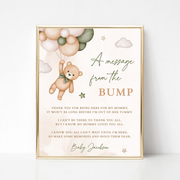 A Message From The Bump EDITABLE Green Teddy Bear Sign, We Can Bearly Wait Gender Reveal, A Message from the Baby Gender Neutral
