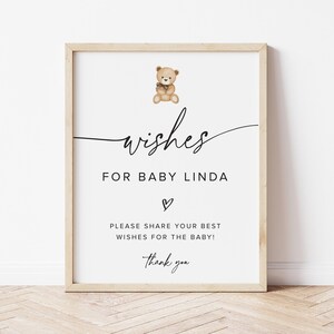 Deseos para el bebé Letrero y tarjeta Minimalista, Osito de peluche marrón y globos Deseos para baby shower para bebé, Tarjeta moderna para bebé Osito de peluche