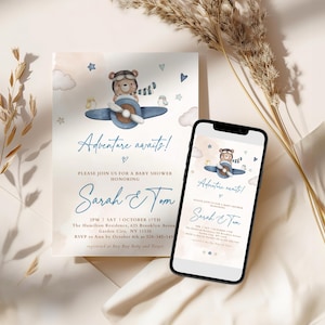 Adventure Awaits Baby Shower Invitation, Airplane Travel Baby Shower, Blue Teddy Bear in Airplane Invitation for Baby Boy Editable Template