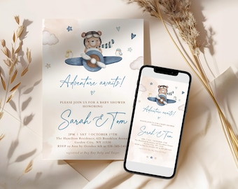 Adventure Awaits Baby Shower Invitation, Airplane Travel Baby Shower, Blue Teddy Bear in Airplane Invitation for Baby Boy Editable Template