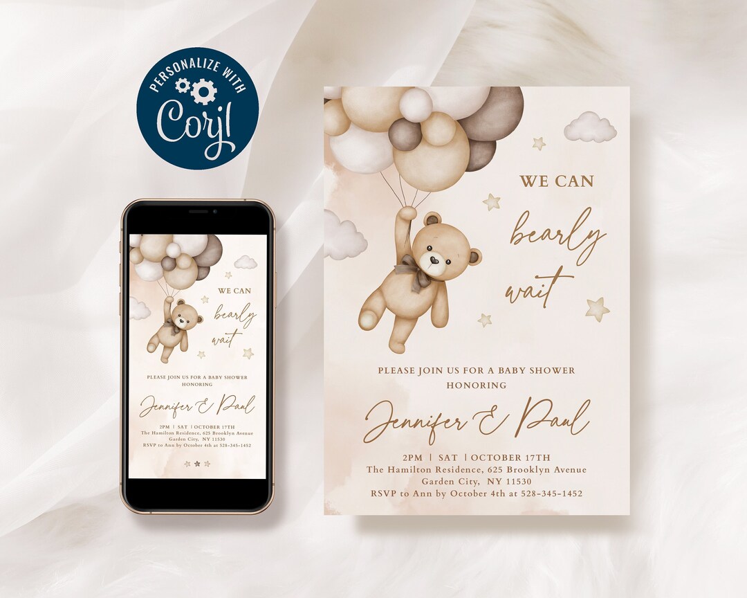 EDITABLE Teddy Bear Baby Shower Invitation We Can Bearly Wait Baby ...