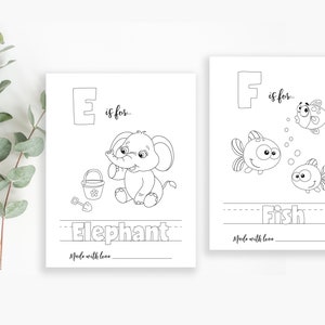 May include: Black and white printable coloring pages featuring the letters E and F with illustrations of an elephant and fish. The text "E is for... Elephant" and "F is for... Fish" is included on the pages. "Made with love" is written at the bottom of each page.
