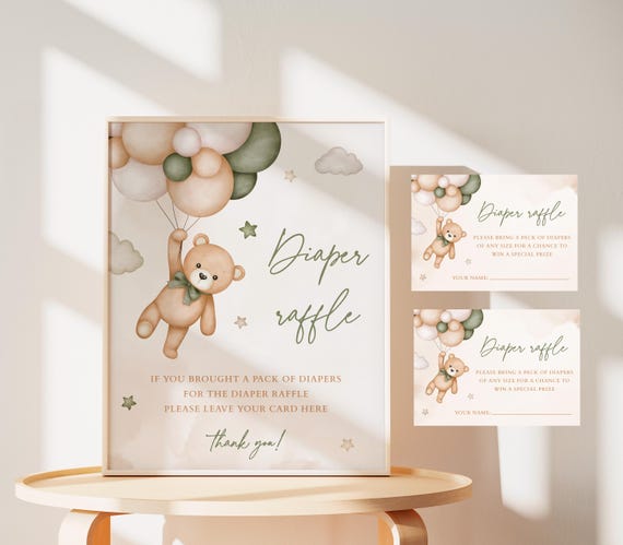 Sage Green Bear Diaper Raffle Sign and Tickets Printable, Green Teddy Bear Themed Baby Shower Gender Neutral Raffle Game