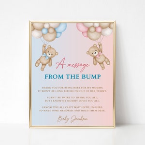 Letrero EDITABLE con mensaje del bebé, juego de fiesta para revelar el género del bebé con ositos de peluche rosados y azules, decoración con mensaje del bebé