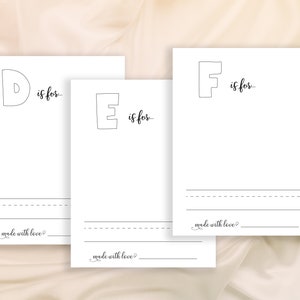 May include: Three blank printable cards with the letters D, E, and F. Each card has a space to write what the letter is for and the phrase "made with love?" at the bottom.