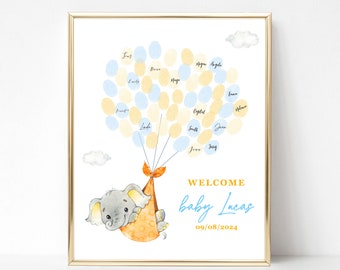 Boy Elephant Fingerprint Guestbook, Blue Baby Shower Welcome Sign (Editable)