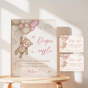 Pink Teddy Bear Diaper Raffle Sign and Tickets Blush Pink Bear Baby Shower Diaper Game We Can Bearly Wait Decoration