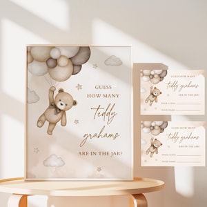 Guess How Many Teddy Grahams are in the Bottle Game, Beige Teddy Bear Baby Shower Games, Gender Neutral We Can Bearly Wait Theme