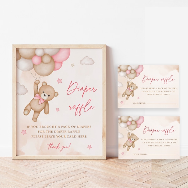 Pink Teddy Bear Diaper Raffle Sign and Tickets Blush Pink Bear Baby Shower Diaper Game We Can Bearly Wait Decoration