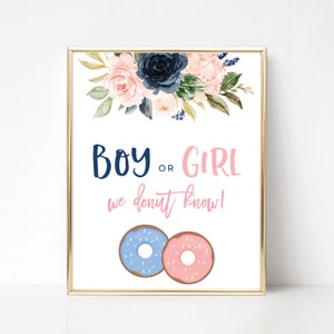 Boy or Girl We Donut Know Sign, Navy and Blush Pink Gender Reveal Party, Donut Reveal Printable Sign, Navy Blue and Blush Pink Gender Reveal