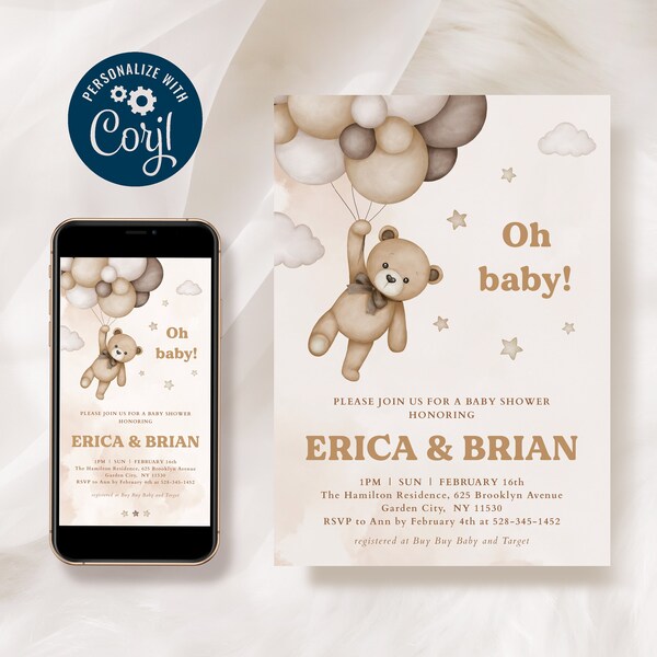 Oh Baby Teddy Bear Invitation, Bear Baby Shower Editable Invitation, Gender Neutral Bear and Balloons Baby Shower Theme