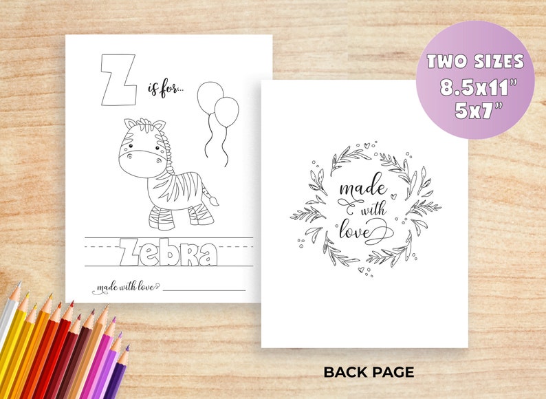 K&ouml;nnte beinhalten: Schwarz-wei&szlig; druckbare Malvorlage mit dem Buchstaben Z und einem Zebra mit dem Text "Z is for... Zebra" und "made with love?"  Die R&uuml;ckseite der Seite zeigt einen Kranz mit dem Text "made with love".
