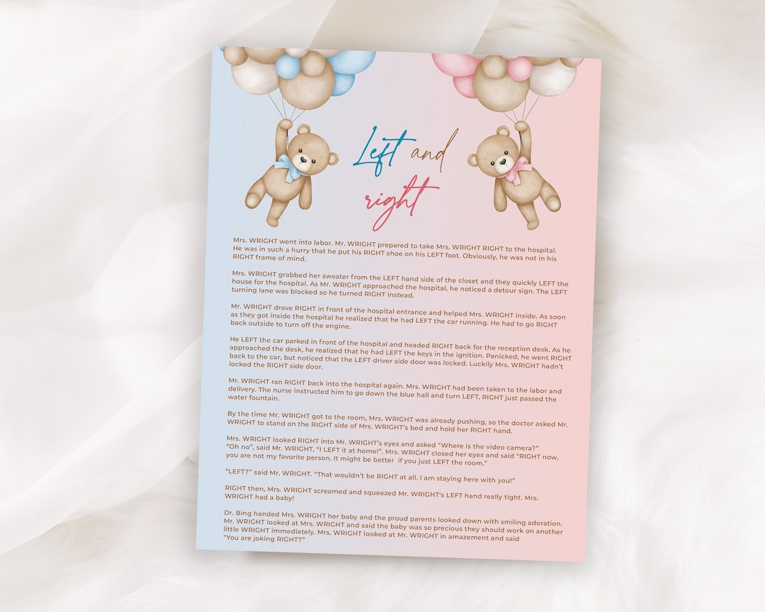Left Right Baby Shower Story Game Teddy Bear Baby Shower Left or Right