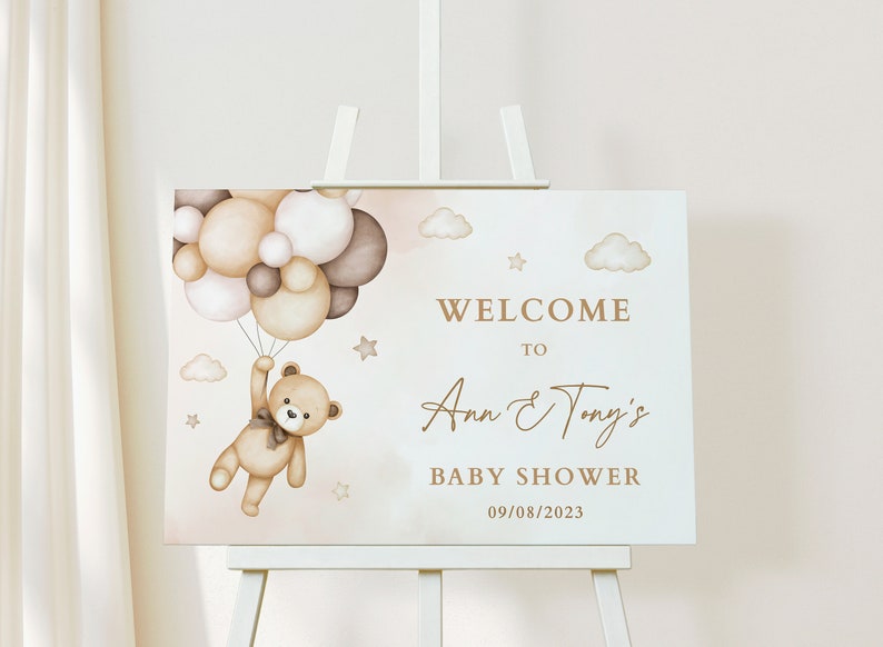 EDITABLE Beige Teddy Bear Baby Shower Welcome Banner, Gender Neutral Teddy Bear Welcome to Gender Reveal Sign, We Can Bearly Wait Decor image 3