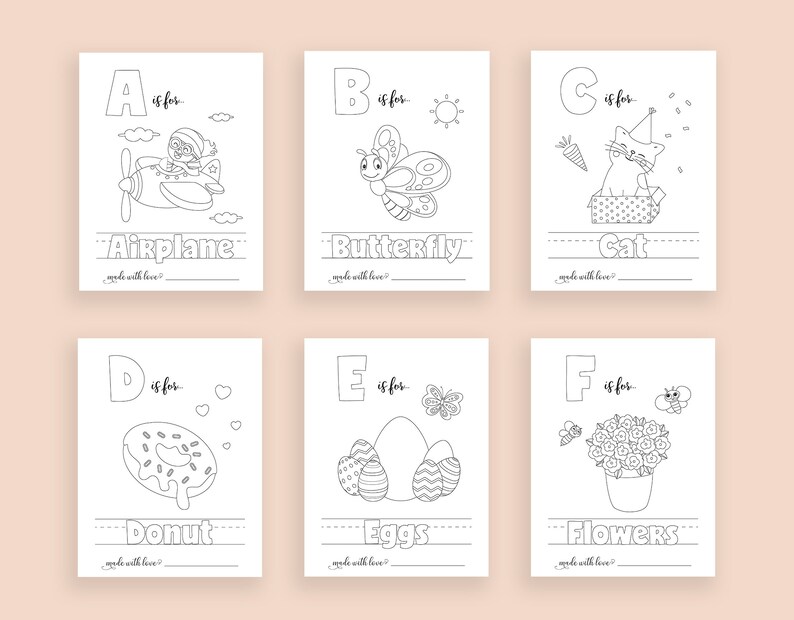 May include: Black and white printable alphabet flashcards for kids featuring illustrations of an airplane, butterfly, cat, donut, eggs, and flowers. Each card has a letter, the word for the image, and the phrase "made with love".