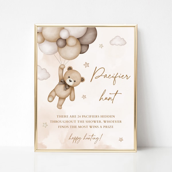 Pacifier Hunt Sign, Beige Teddy Bear Baby Shower Decoration, Gender Neutral Bear Game, We Can Bearly Wait Theme