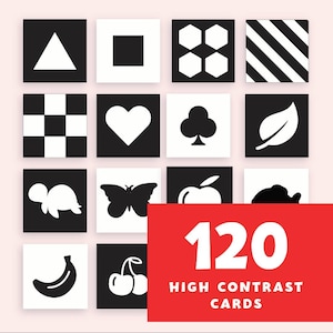 Tarjetas de alto contraste para bebés, tarjetas sensoriales para el desarrollo visual temprano, tarjetas didácticas en blanco y negro para bebés.