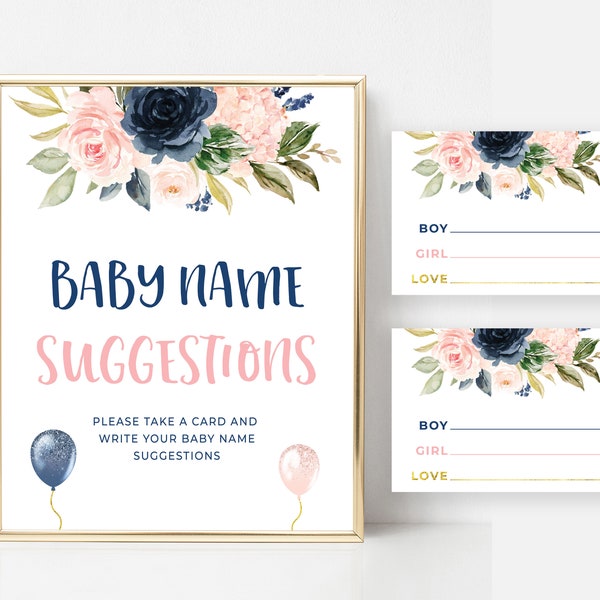 Navy and Blush Baby Name Suggestions Navy and Pink Gender Reveal Baby Floral Gender Reveal Party He or She Printable Sign