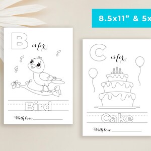 May include: Two printable coloring pages featuring the letters B and C. The first page shows a bird singing on a branch with the text "B is for... Bird". The second page shows a cake with candles and the text "C is for... Cake".