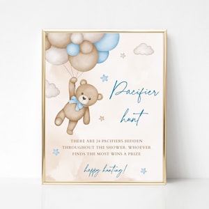 Pacifier Hunt Bear Baby Shower Game Blue and Beige Tedy Bear Balloons Baby Sprinkle Printable Gender Reveal Game