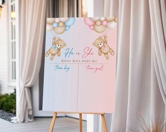 Banderole du vote lui ou elle, fête de révélation du sexe des oursons en peluche roses et bleus, devinez ce que sera bébé