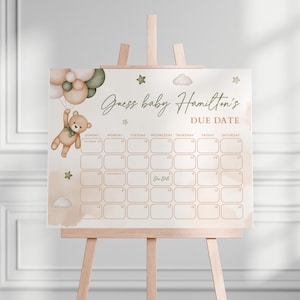 Calendário de Chá de Bebê com Tema de Ursinho de Pelúcia e Data Prevista para o Parto, em Verde Sálvia