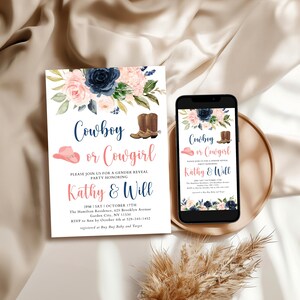 Editable Cowboy or Cowgirl Invitation, Navy Blue and Blush Pink Gender Reveal Party Invitation, Cowboy Boots and Cowgirl Hat