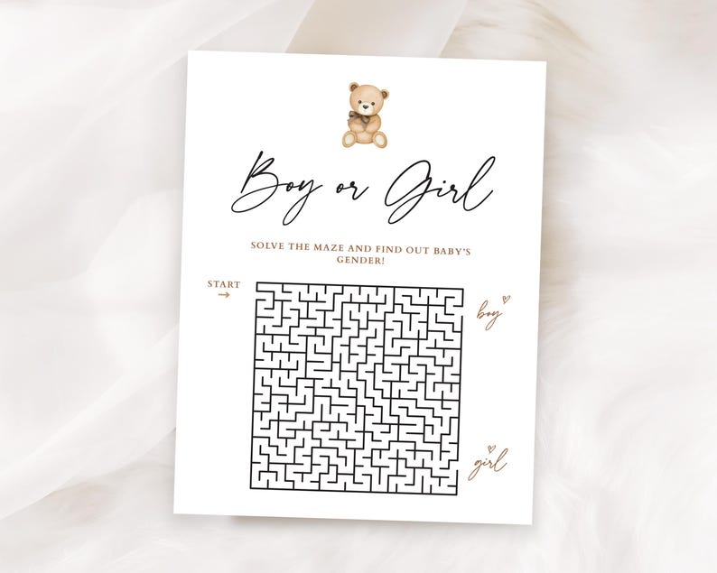 Boy or Girl Maze Game, Minimalistic Baby Shower Maze, Beige Teddy Bear