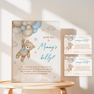 Baby Shower de Oso Azul: ¿Qué tan grande es la panza de mamá? Juego, Letrero y boletos imprimibles para el juego de chispas de bebé azul, Baby Shower de ¿Qué tan grande es la panza?