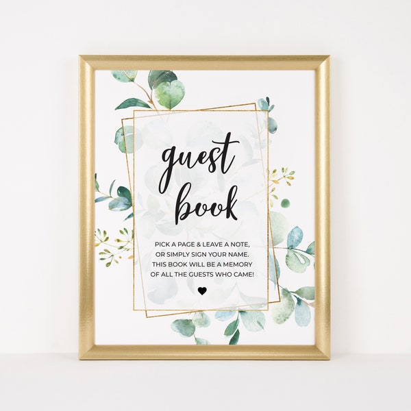 Guest Book Baby Shower Sign, Please Sign a Guest Book, Rustic Guestbook Sign Printable, Greenery and Gold Decor, Eucalyptus Baby Shower