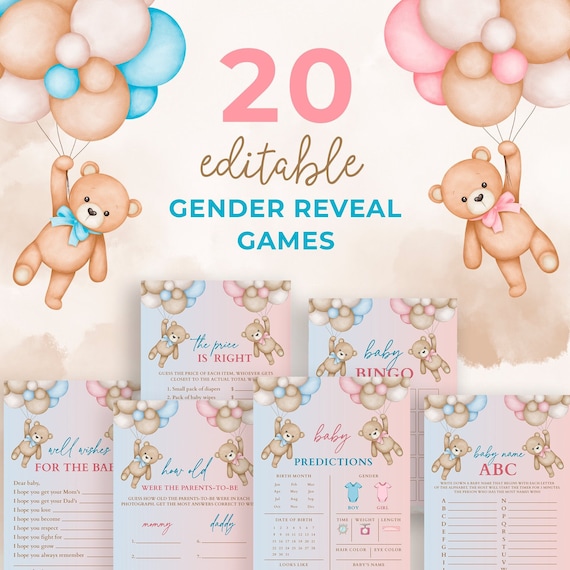 EDITABLE Gender Reveal Games Bundle Teddy Bears, Pink and Blue Bears Baby Shower Games Package, We Can Bealy Wait Editable Games