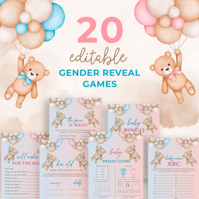 Blue and Pink Teddy Bear Gender Reveal Games