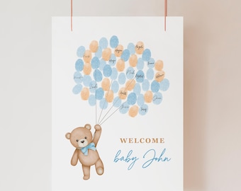 Blue Bear Baby Shower Fingerprint Guestbook, Editable Fingerprint Tree for Baby Boy