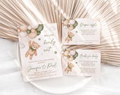 EDITABLE Green Teddy Bear Invitation Set Baby Shower, Digital Invitation, Diaper Raffle Ticket, Books for the Baby Ticket and Thank You Card