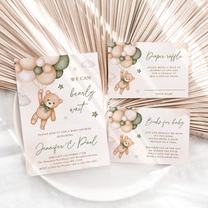 EDITABLE Green Teddy Bear Invitation Set Baby Shower, Digital Invitation, Diaper Raffle Ticket, Books for the Baby Ticket and Thank You Card