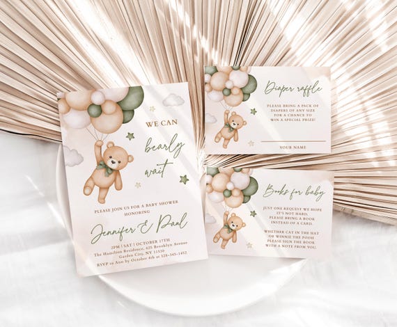 EDITABLE Green Teddy Bear Invitation Set Baby Shower, Digital Invitation, Diaper Raffle Ticket, Books for the Baby Ticket and Thank You Card