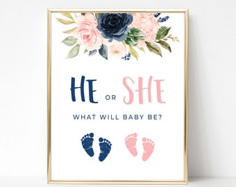 He or She What Will Baby Be Banner He or She Gender Reveal Sign Navy Blue and Blush Pink Gender Reveal Party Baby Footprint Sign