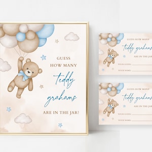 Blue Boy Teddy Bear Guess How Many Teddy Grahams are in the Jar Game Sign and Card Baby Shower Sprinkle We Can Bearly Wait Game Printable image 1