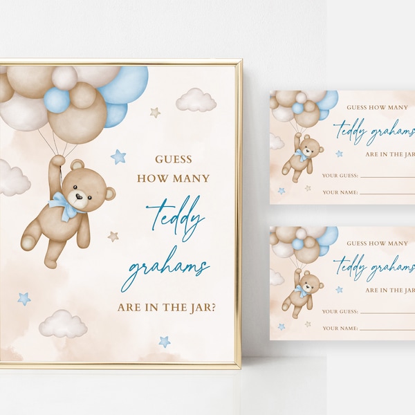 Blue Boy Teddy Bear Guess How Many Teddy Grahams are in the Jar Game Sign and Card Baby Shower Sprinkle We Can Bearly Wait Game Printable