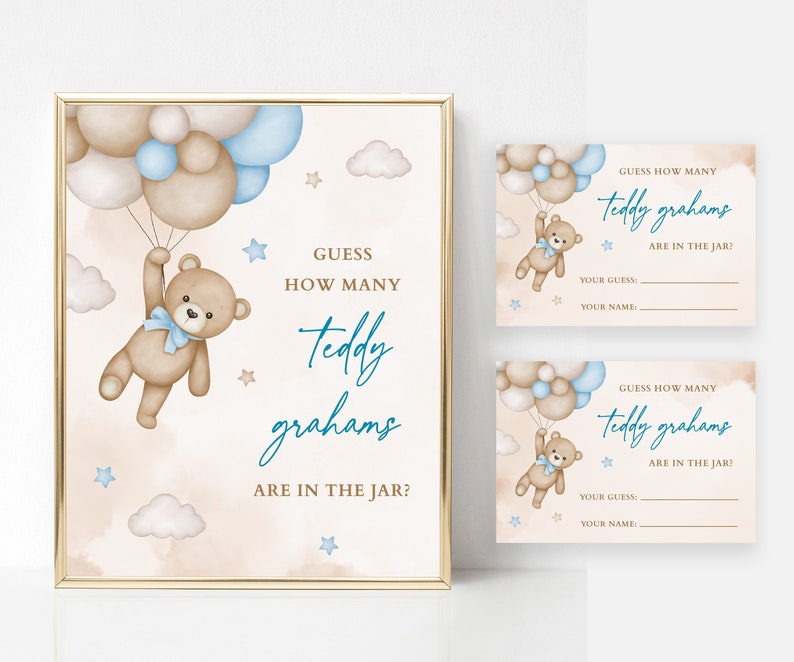 Blue Boy Teddy Bear Guess How Many Teddy Grahams are in the Jar Game Sign and Card Baby Shower Sprinkle We Can Bearly Wait Game Printable image 1