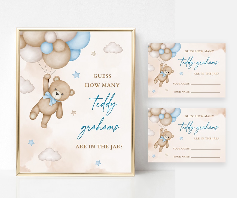 Puede incluir: Un estampado enmarcado y dos tarjetas con un tema de osito de peluche. El estampado presenta un osito de peluche sosteniendo globos, con el texto "&iquest;Adivina cu&aacute;ntos Teddy Grahams hay en el frasco?". Las tarjetas tienen el mismo dise&ntilde;o y texto.
