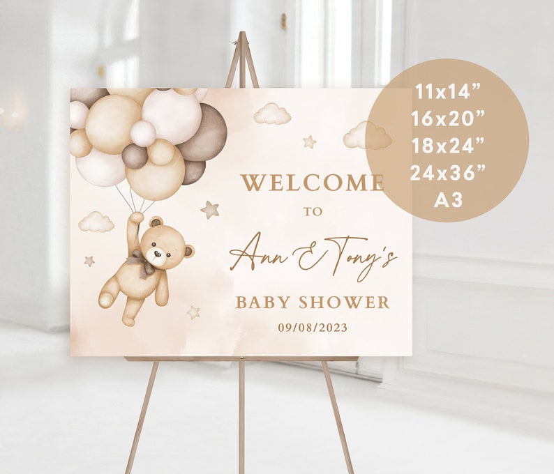 EDITABLE Beige Teddy Bear Baby Shower Welcome Banner, Gender Neutral Teddy Bear Welcome to Gender Reveal Sign, We Can Bearly Wait Decor image 2