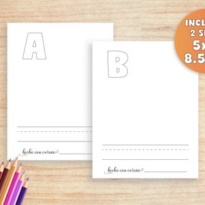Pu&ograve; includere: Due fogli stampabili con le lettere A e B in grassetto di grandi dimensioni. I fogli sono progettati per essere colorati e includono il testo "hecho con carino", che significa "fatto con amore" in spagnolo. I fogli sono disponibili in due dimensioni: 5x7 pollici e 8,5x11 pollici.