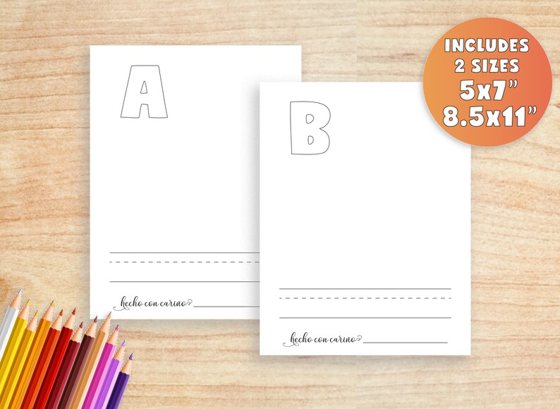 Pu&ograve; includere: Due fogli stampabili con le lettere A e B in grassetto di grandi dimensioni. I fogli sono progettati per essere colorati e includono il testo "hecho con carino", che significa "fatto con amore" in spagnolo. I fogli sono disponibili in due dimensioni: 5x7 pollici e 8,5x11 pollici.