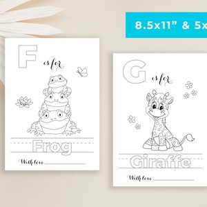 May include: Black and white printable coloring pages featuring the letters F and G with illustrations of a frog and a giraffe. The pages include the text "F is for... Frog" and "G is for... Giraffe".