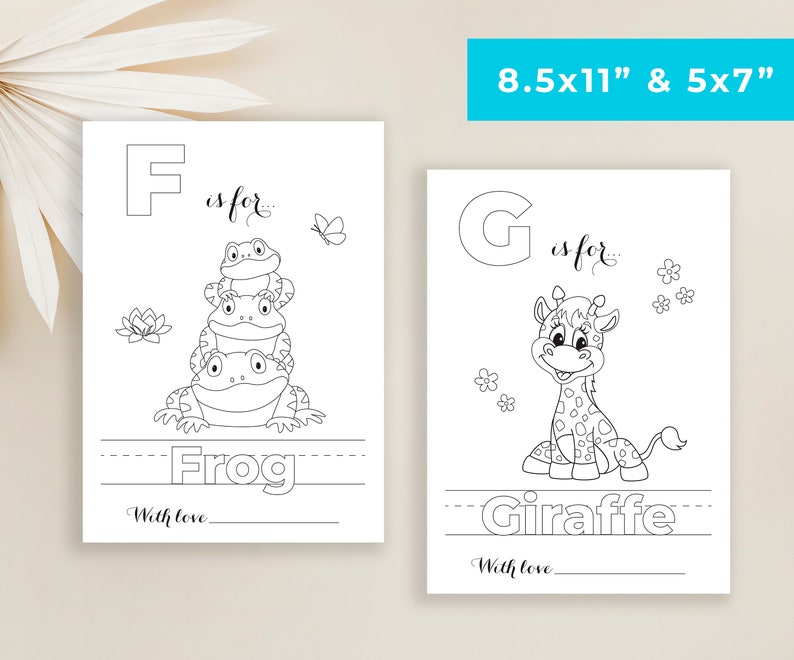 May include: Black and white printable coloring pages featuring the letters F and G with illustrations of a frog and a giraffe. The pages include the text "F is for... Frog" and "G is for... Giraffe".