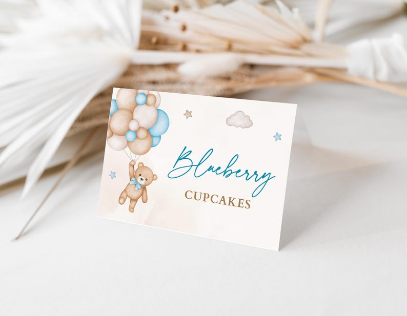 EDITABLE Food Label Blue Teddy Bear Place Card, Blue Bear Baby Shower ...